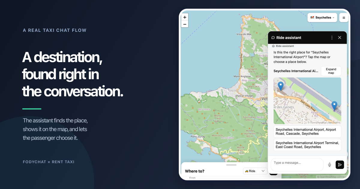 The Rent Taxi chat assistant showing a destination on the map